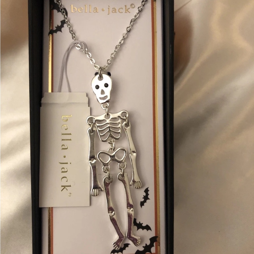Bella & Jack Silver Tone Movable Skeleton Pendant Necklace Crystal NWT & Box